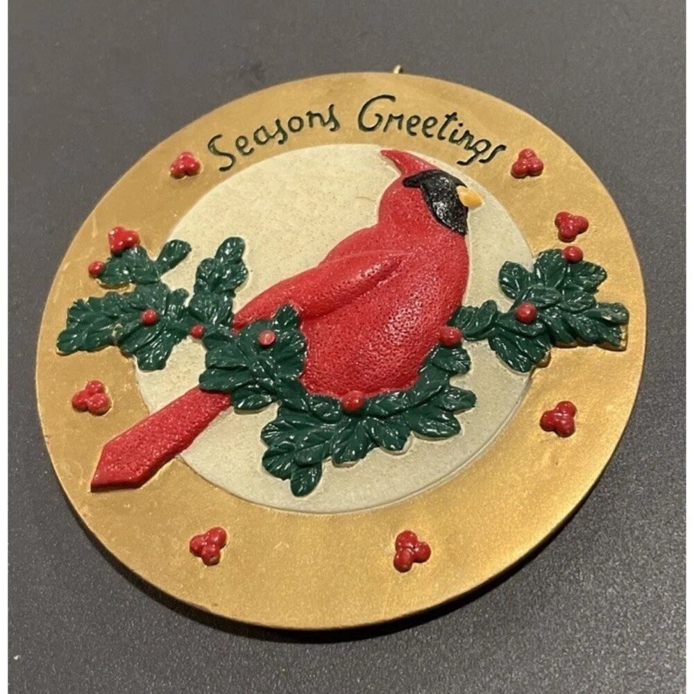 Red Bird Cardinal Christmas Tree Ornament Holly Berry Seasons Greetings Resin